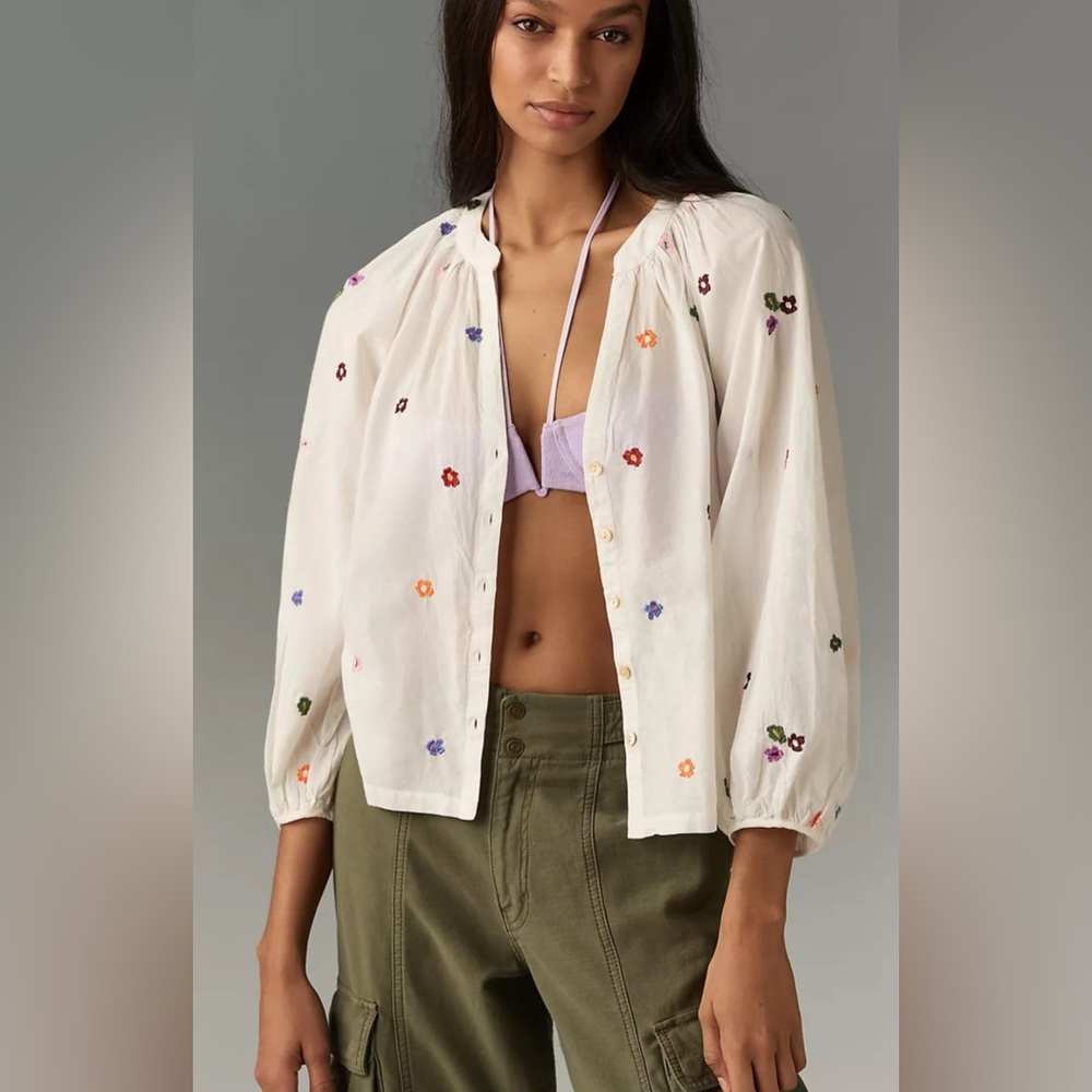 🆕 ANTHROPOLOGIE Velvet by Graham & Spencer Aretha Embroidered Blouse CREAM Sz S